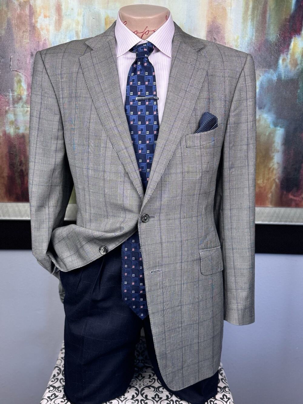 Dunhill Mens Made In Italy Gray Glencheck Blazer 42R Slim Fit